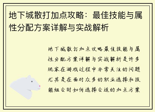 地下城散打加点攻略：最佳技能与属性分配方案详解与实战解析